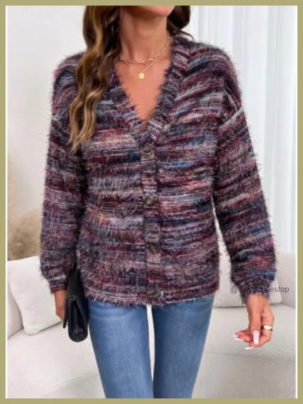 Women's Striped Knit Cardigan, Fuzzy Eyelash Long Sleeve, V-Neck Button Down,